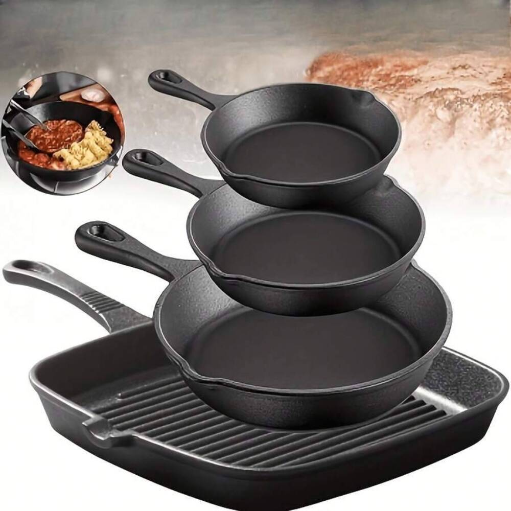 Camping Cooking Set For 4 - 4-Piece Cast Iron Cookware Set, Round